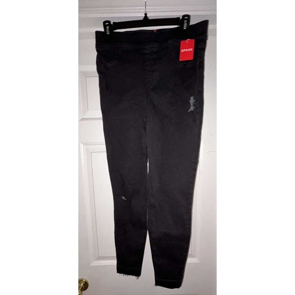 $128 SPANX ANKLE SKINNY Vintage Distressed Black pull-on Jeans Jeggings-Size L